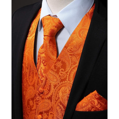 Herren Anzugweste Set Paisley Krawatte Einstecktuch Orange M