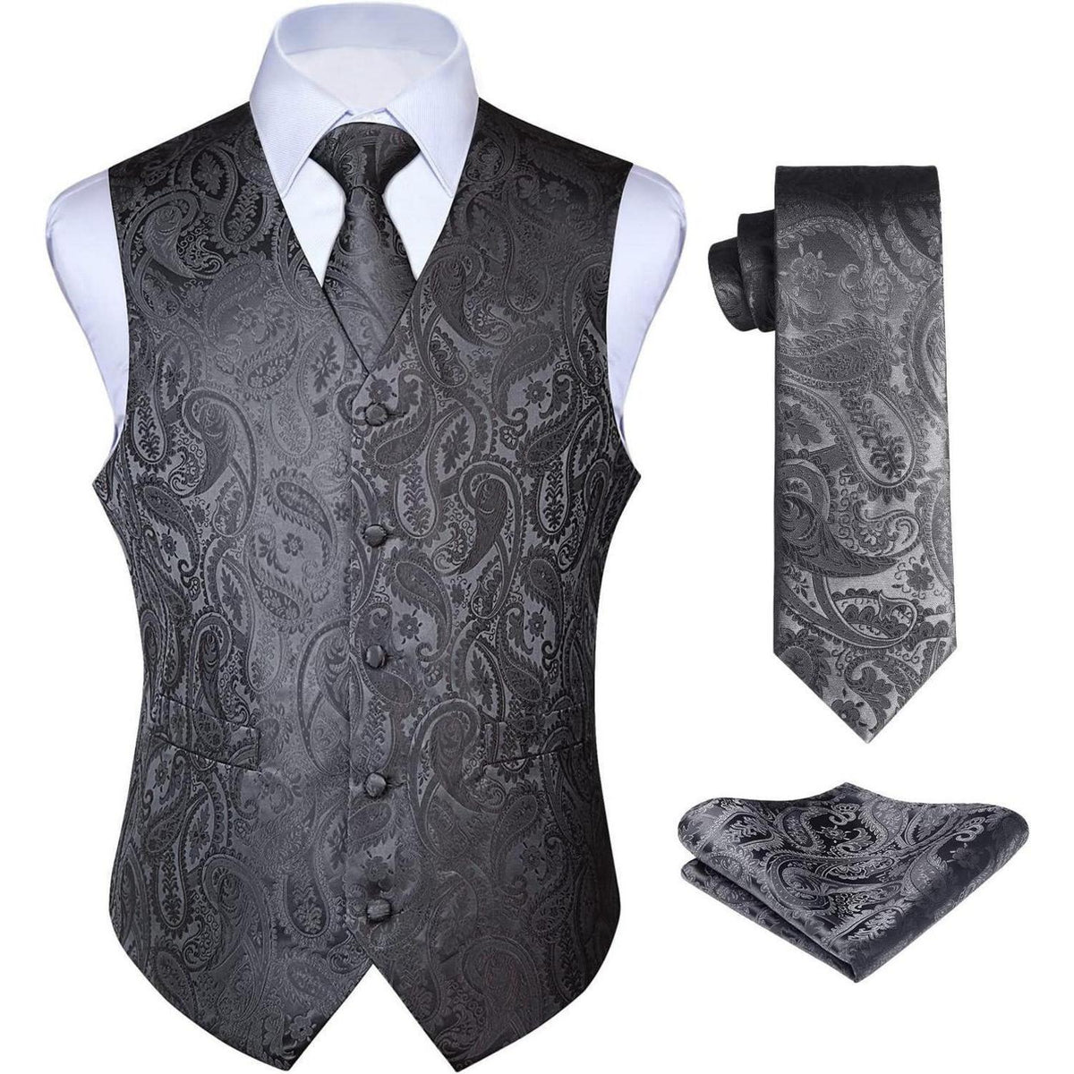 Herren Anzugweste mit Krawatte & Einstecktuch, Paisley Floral Grau