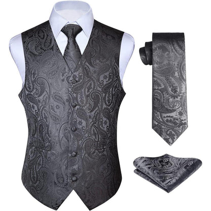 Herren Anzugweste mit Krawatte & Einstecktuch, Paisley Floral Grau