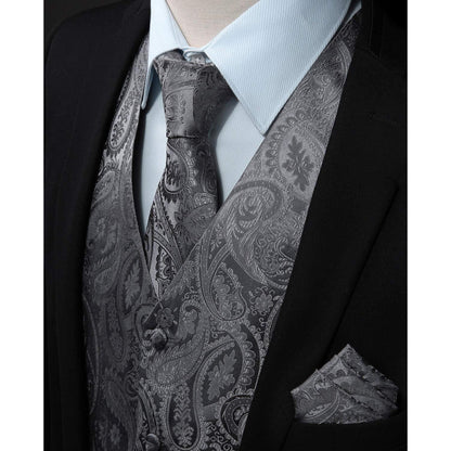 Herren Anzugweste mit Krawatte & Einstecktuch, Paisley Floral Grau