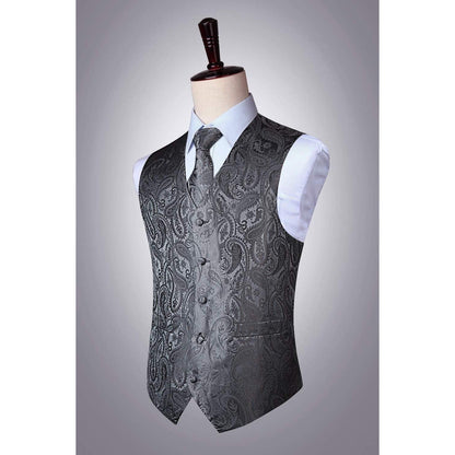 Herren Anzugweste mit Krawatte & Einstecktuch, Paisley Floral Grau