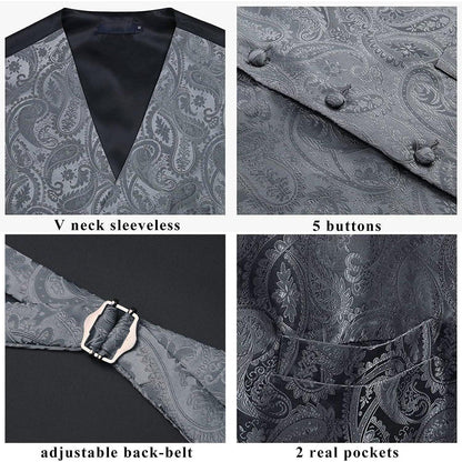 Herren Anzugweste mit Krawatte & Einstecktuch, Paisley Floral Grau