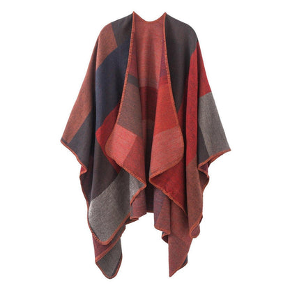 Vintage Farbblock Schal Wrap Poncho Damen Rot Einheitsgröße