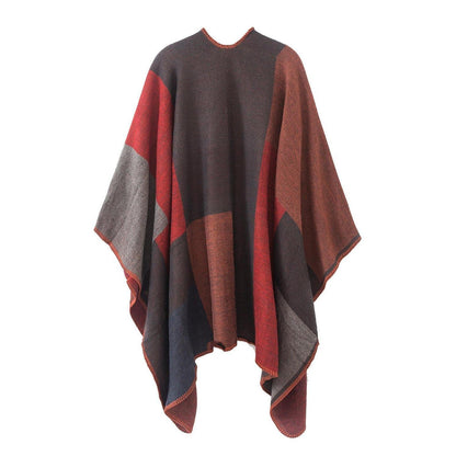 Vintage Farbblock Schal Wrap Poncho Damen Rot Einheitsgröße