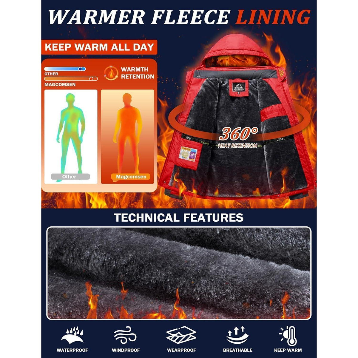 Herren Fleecejacke Winter Warm Gefüttert Skijacke Rot XXL