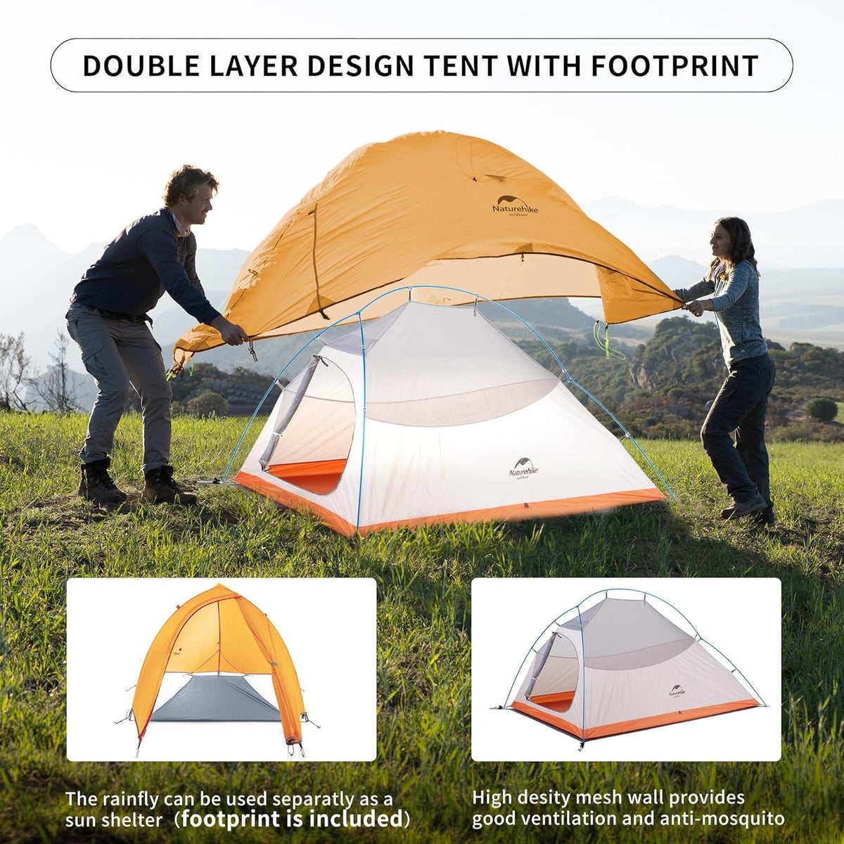 Ultraleichtes Campingzelt 2 Personen 3-4 Saison Orange