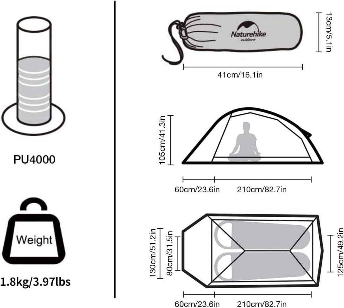 Ultraleichtes Campingzelt Naturehike Cloud up 2 für 2 Personen, 3-4 Saison, wasserdicht