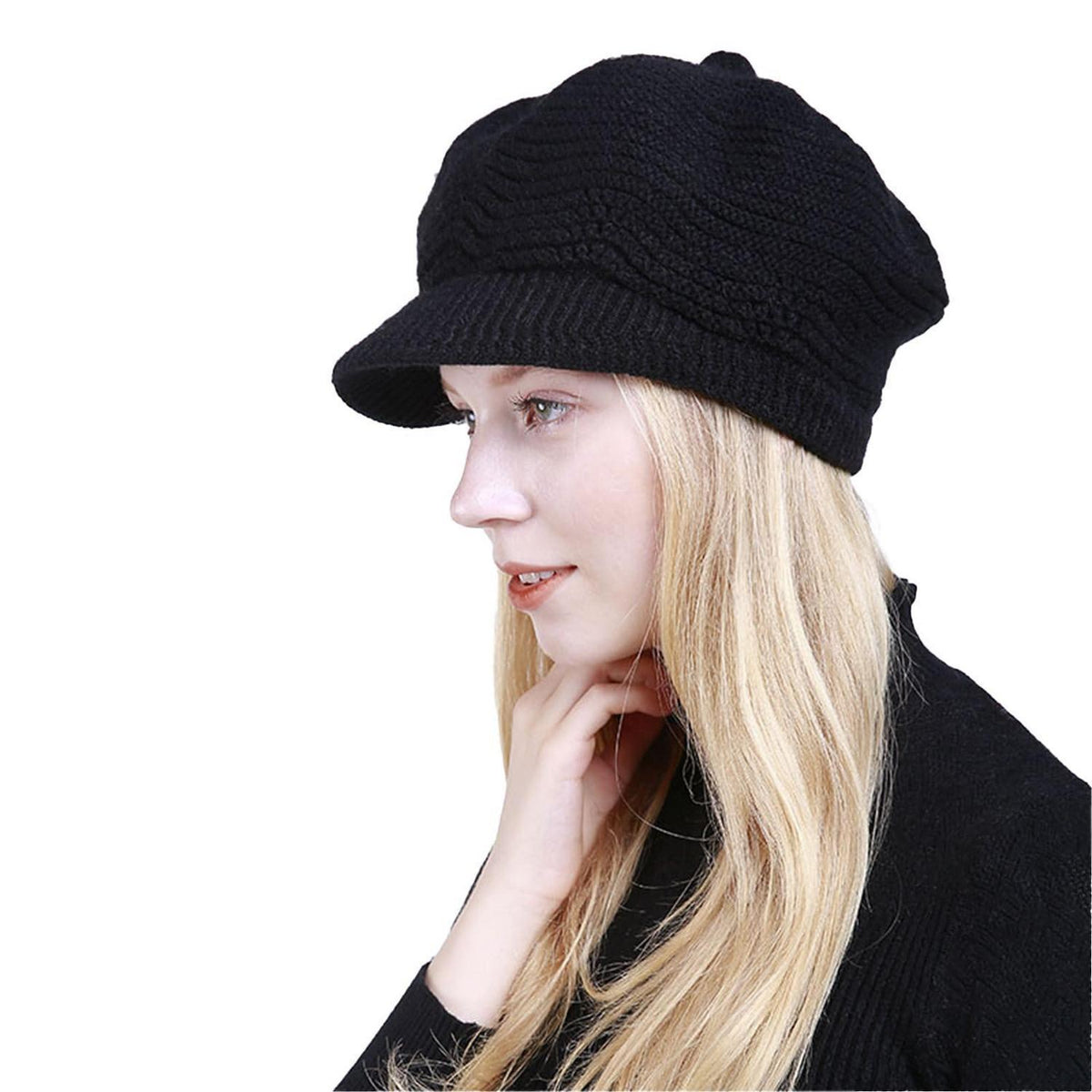 Strickmütze Damen warm mit Schirm Schwarz