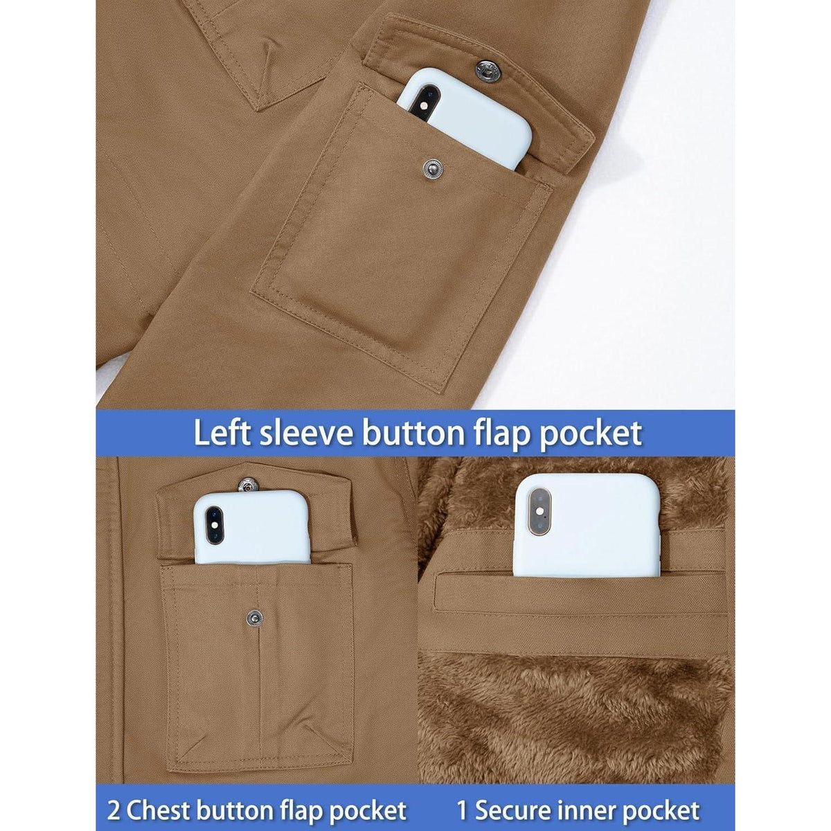 Herren Winterjacke Khaki Lässige Gefütterte Militärjacke mit vielen Taschen