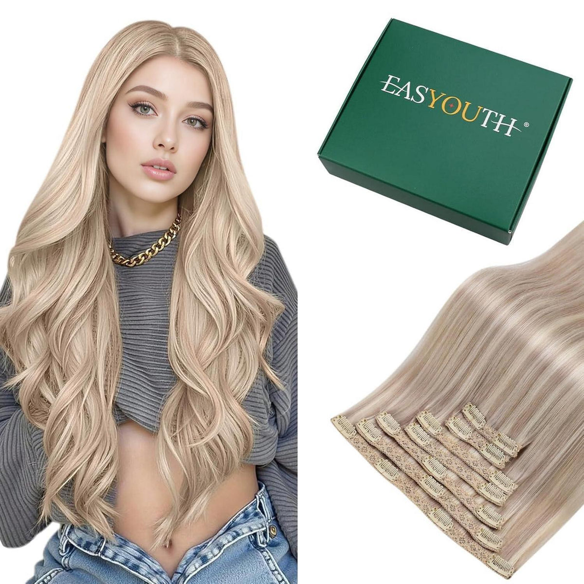 Clip-in Haarverlängerung Echthaar Blond 55cm