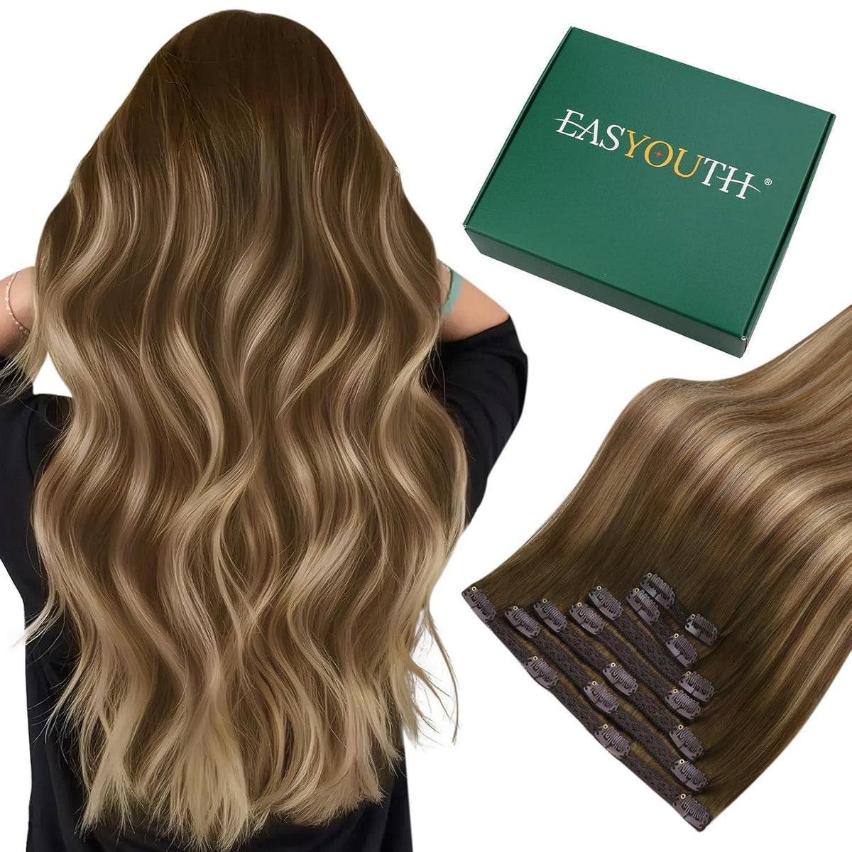 Clip-in Echthaarverlängerung Balayage Mittelbraun mit Blond