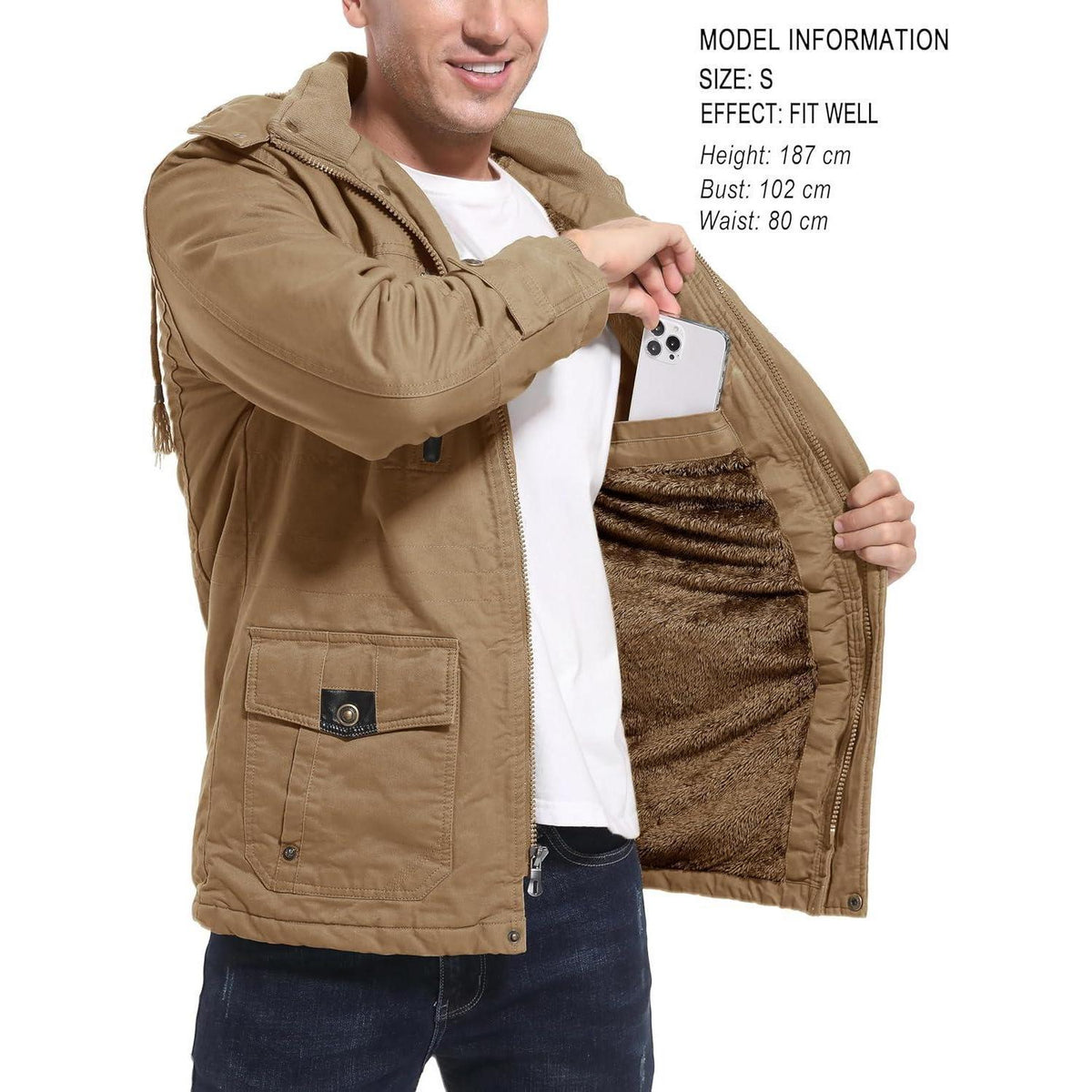 Herren Winterjacke gefüttert Fleece Parka mit Kapuze Khaki