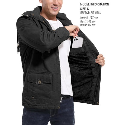 Herren Winterjacke gefüttert Fleece Parka mit Kapuze Schwarz XL