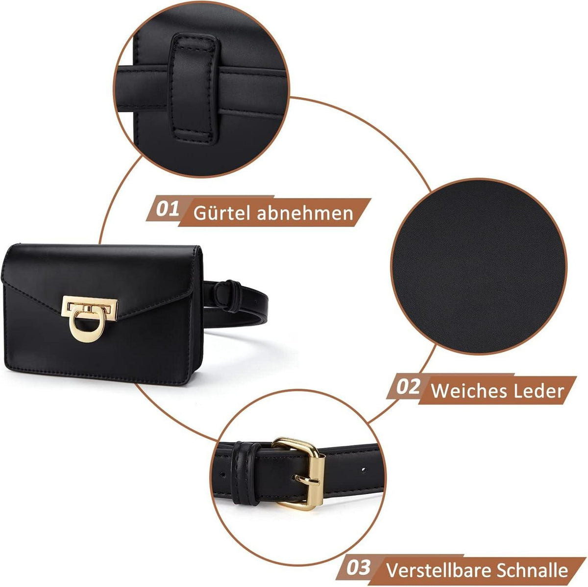 Gürteltasche Damen Schwarz Wasserdicht Verstellbar Umhängetasche