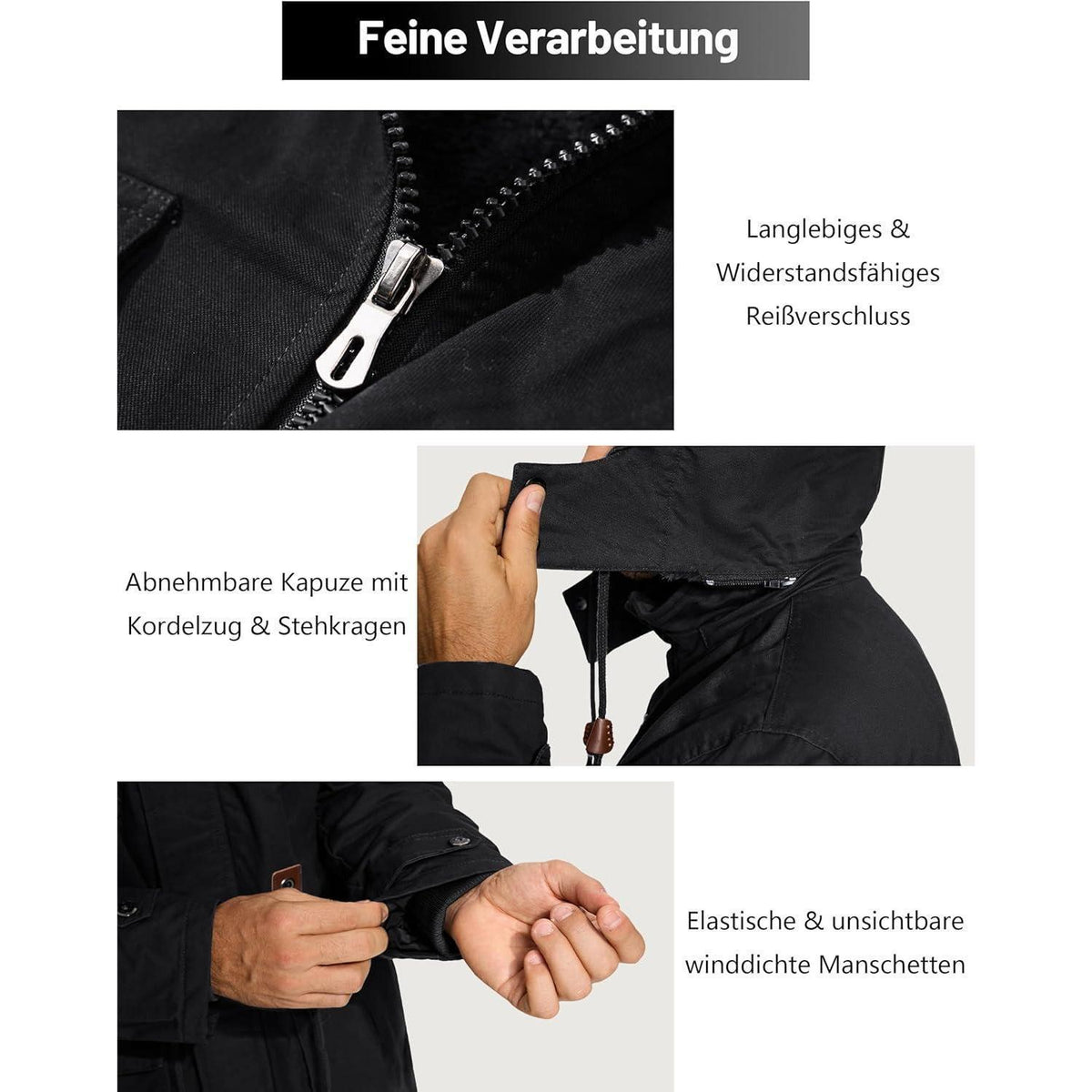 Herren Winterparka Fleecegefüttert mit Taschen & Kapuze Schwarz