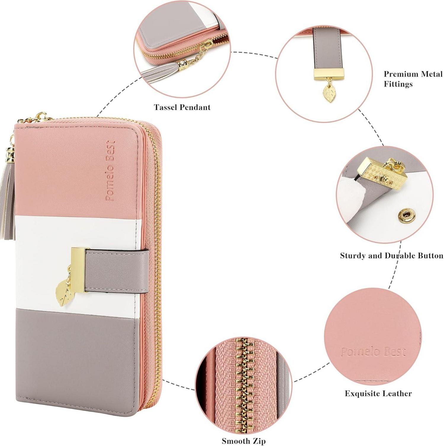 Damen Geldbörse RFID Schutz Scheckheft Kartenhalter 12 Karten klassisch gestreift Grau Weiß Rosa M