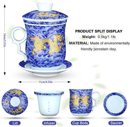Chinesische Teetasse Porzellan Sieb Drache Muster Blau