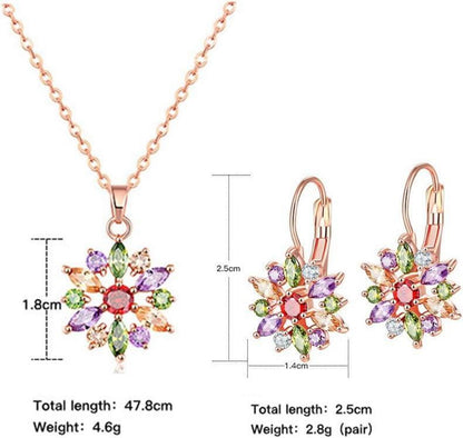 Damen Schmuckset mit Blume Halskette Creolen Ohrringe