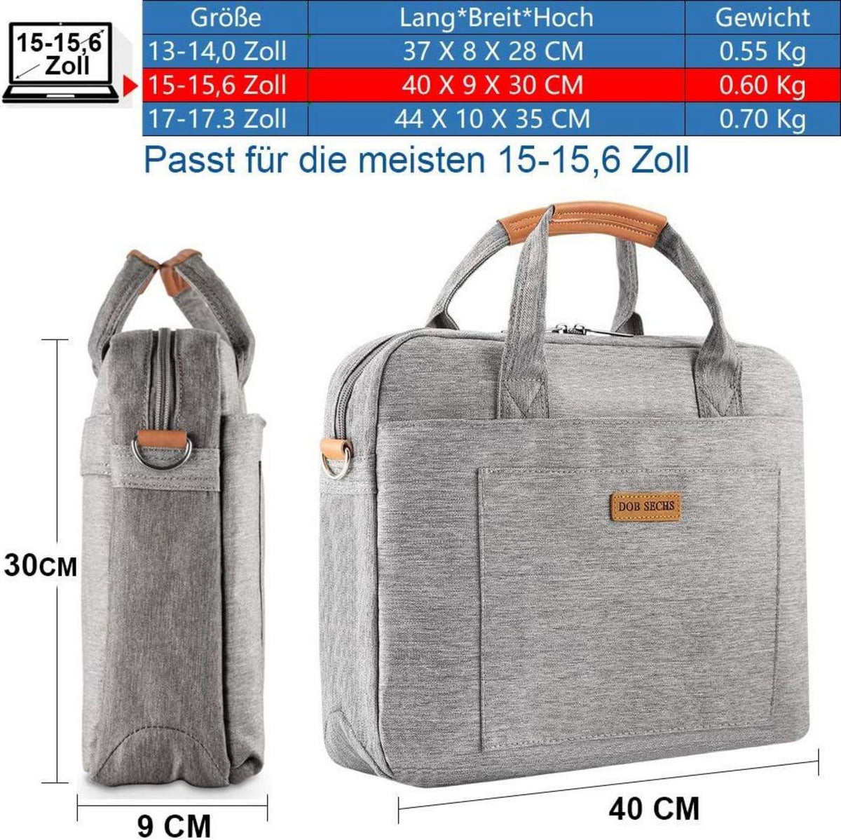 15-15.6 Zoll Laptoptasche Grau mit Schulterriemen