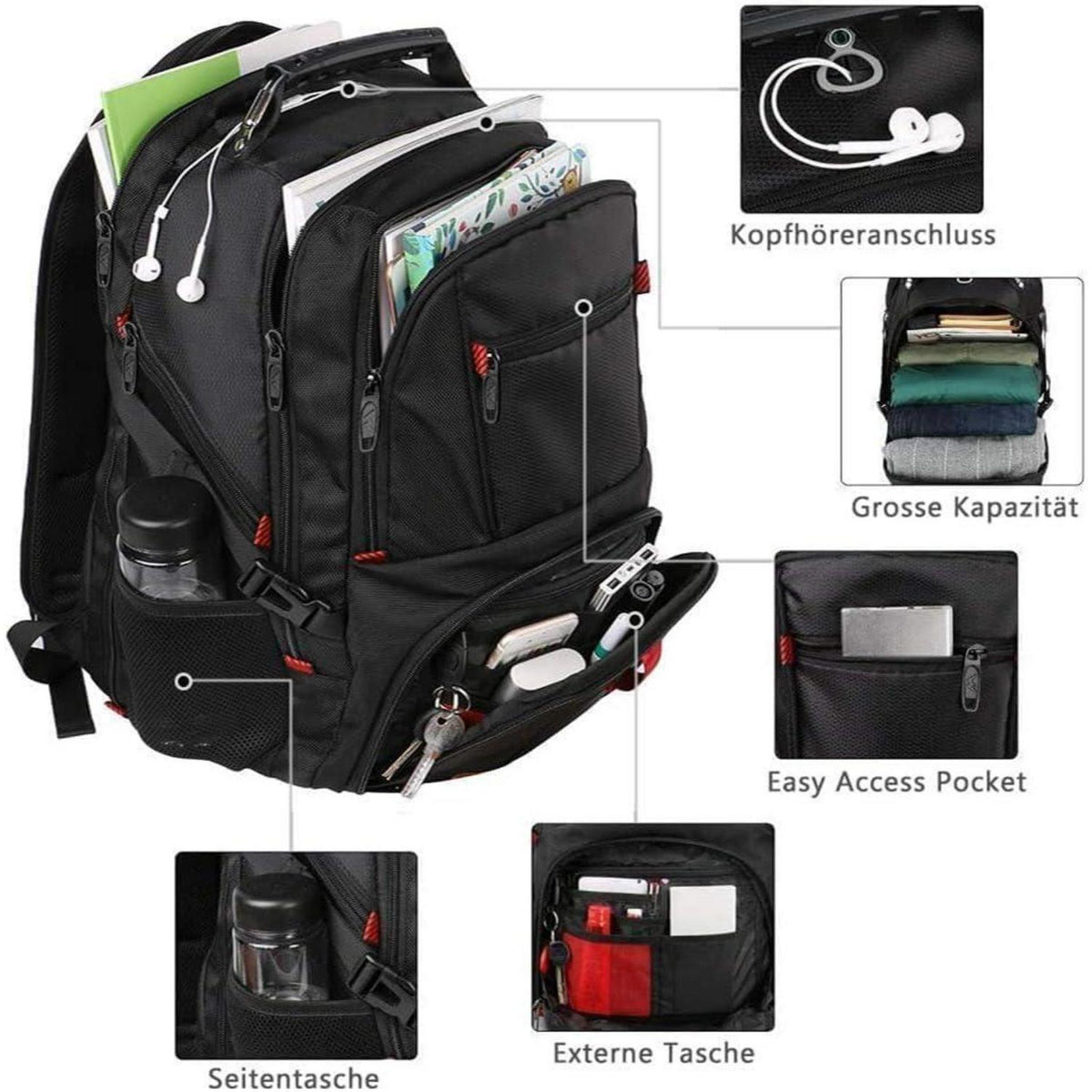 Großer Laptop Rucksack Herren 55L, 18.4 Zoll, Schwarz
