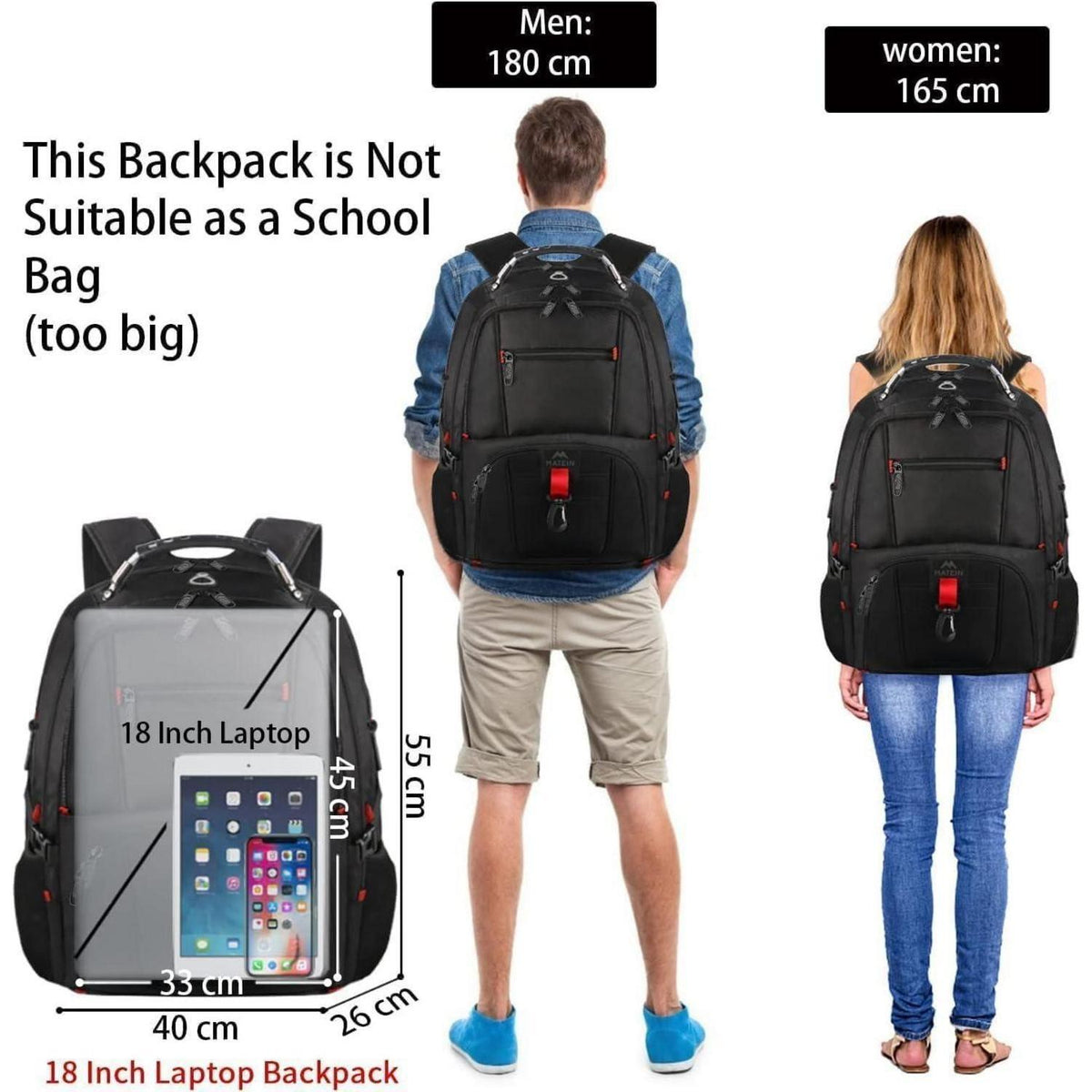 Großer Laptop Rucksack Herren 55L, 18.4 Zoll, Schwarz