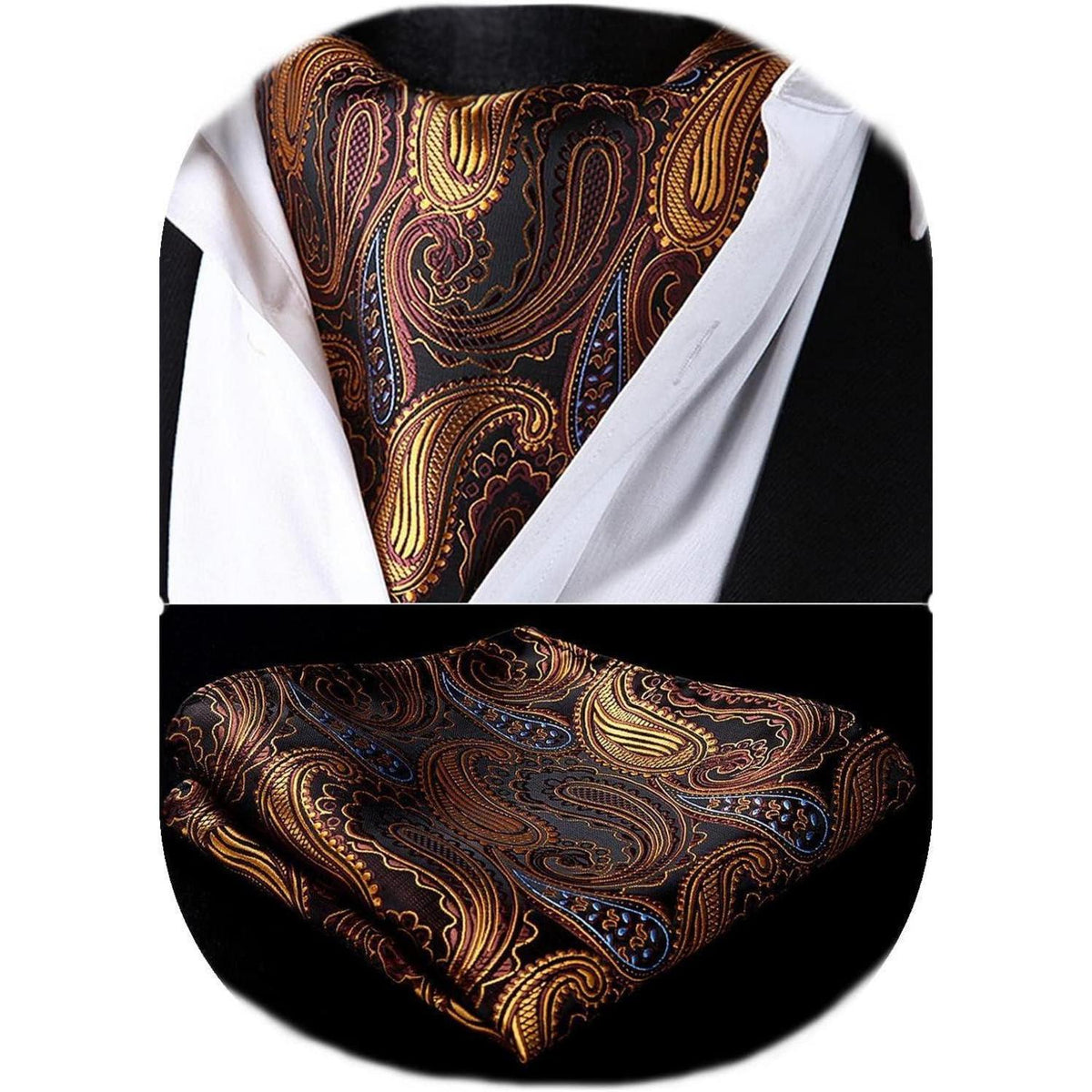 Herren Ascot Krawattenschal & Einstecktuch Set Braun Paisley