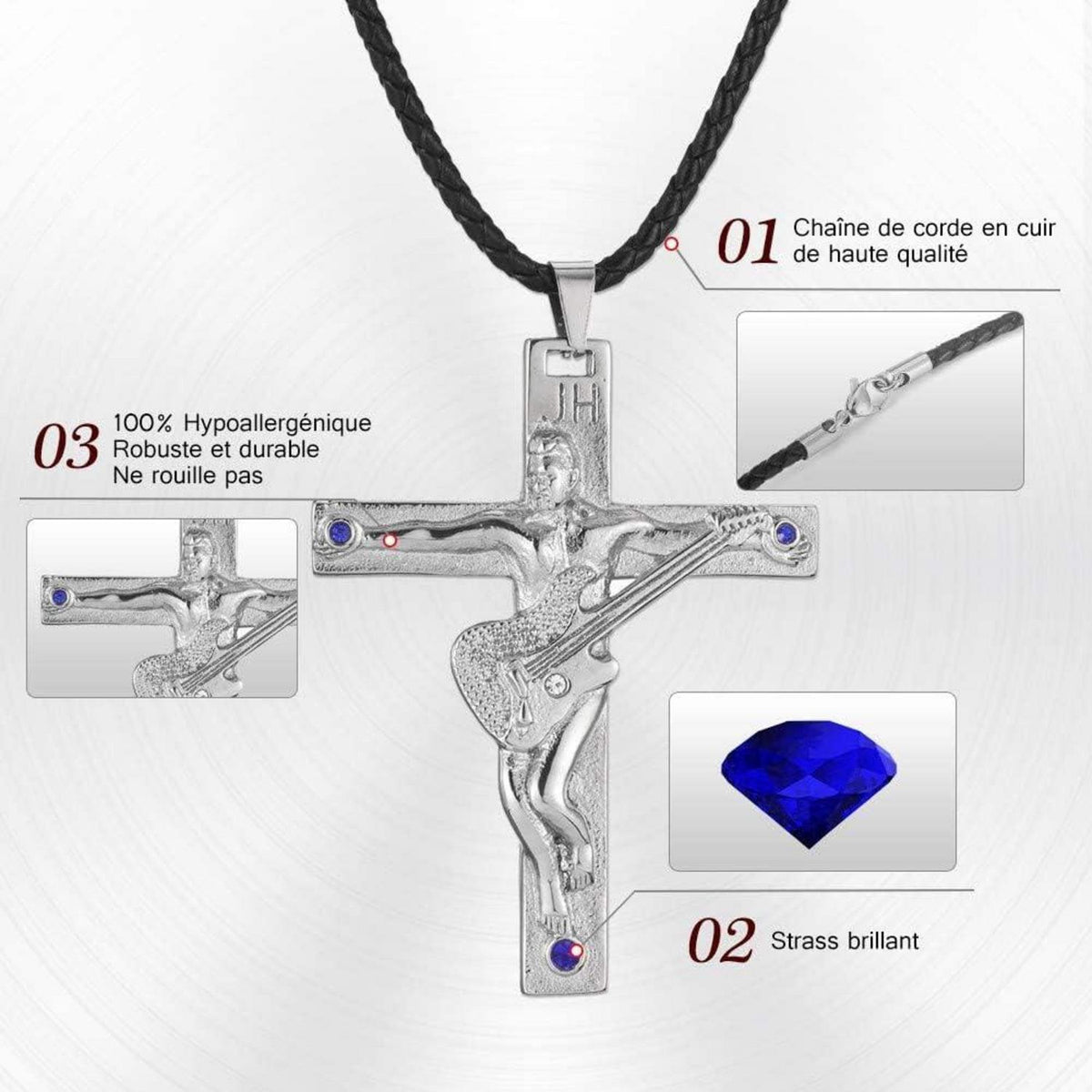 Johnny Hallyday Edelstahl Gitarrenkreuz Halskette Silber/Gold/Schwarz