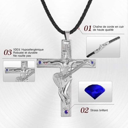 Johnny Hallyday Edelstahl Gitarrenkreuz Halskette Silber/Gold/Schwarz