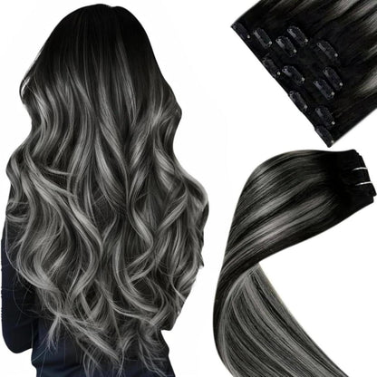 Clip-in Haarverlängerung Schwarz Ombre Silber Echthaar 40cm