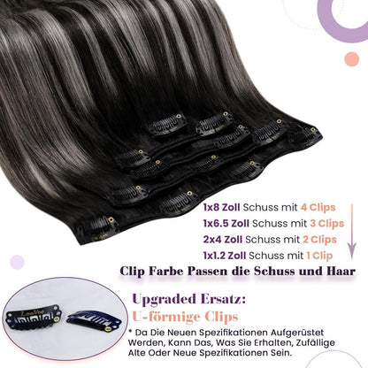 Clip-in Haarverlängerung Schwarz Ombre Silber Echthaar 40cm