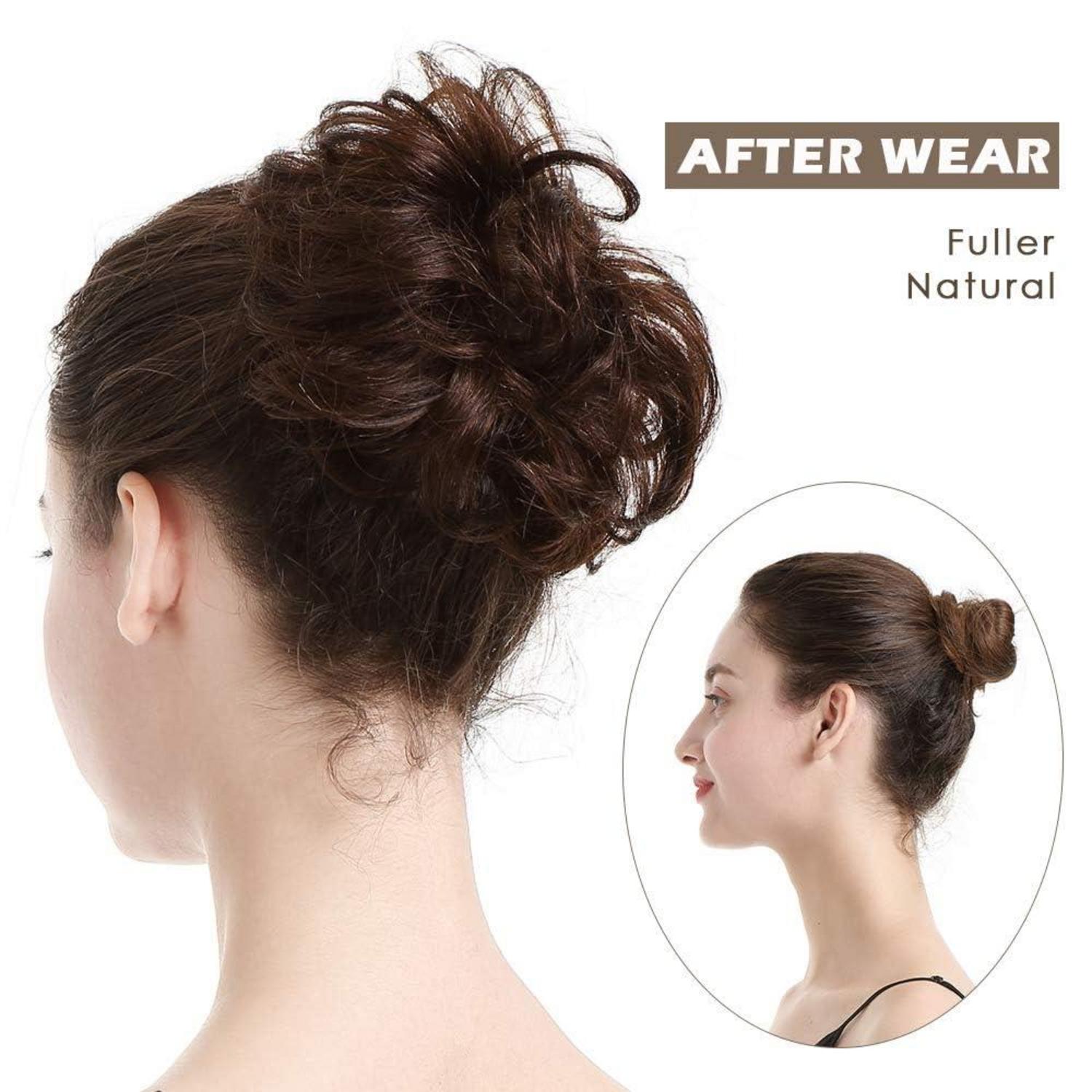 100% Echthaar Haarverlängerung Haarteil in Braun Locken Dutt für Damen