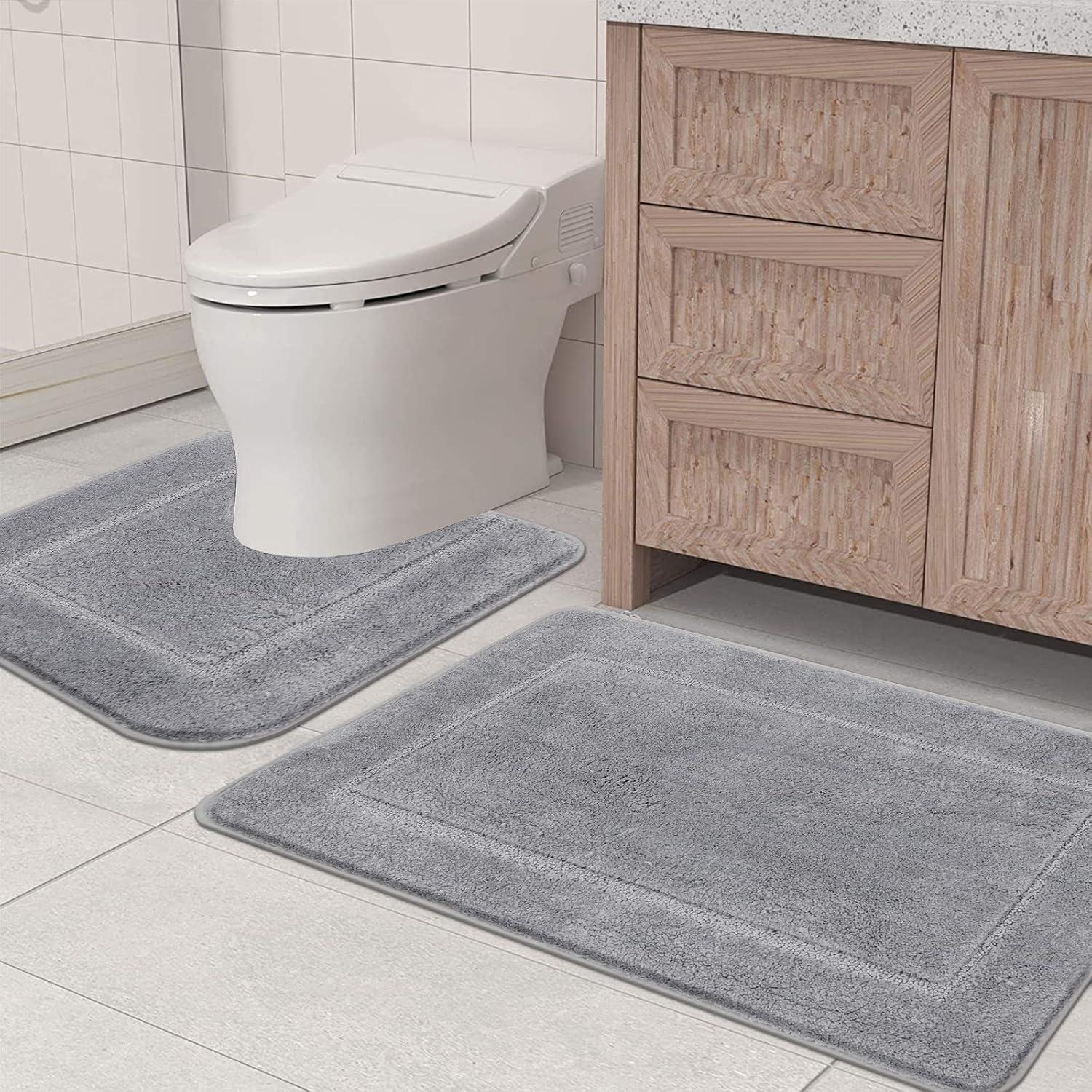 Badematten und WC Vorleger Set 53x86cm & 50x50cm Grau - Weiche Microfaser, rutschfest, waschbar