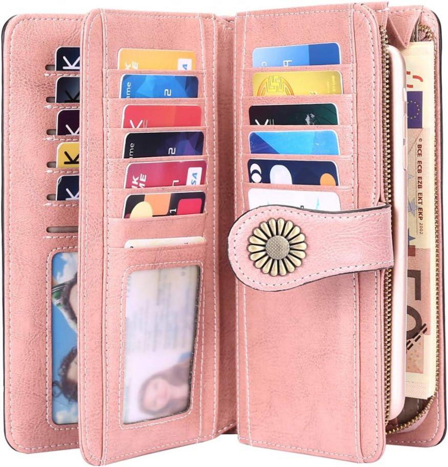 TEUEN RFID Damen Geldbörse Leder Groß Lang Pink 24