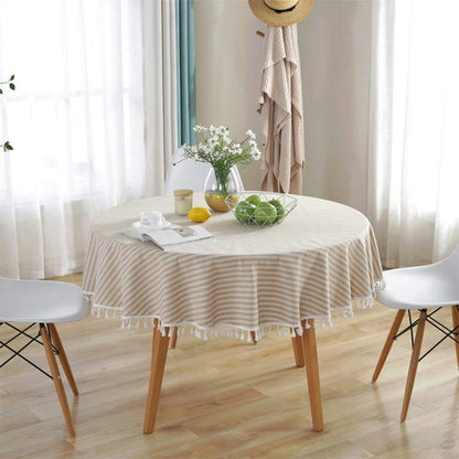 Runde Tischdecke gestreift mit Fransen – Aprikose/Weiß