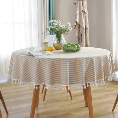 Runde Tischdecke gestreift mit Fransen – Aprikose/Weiß