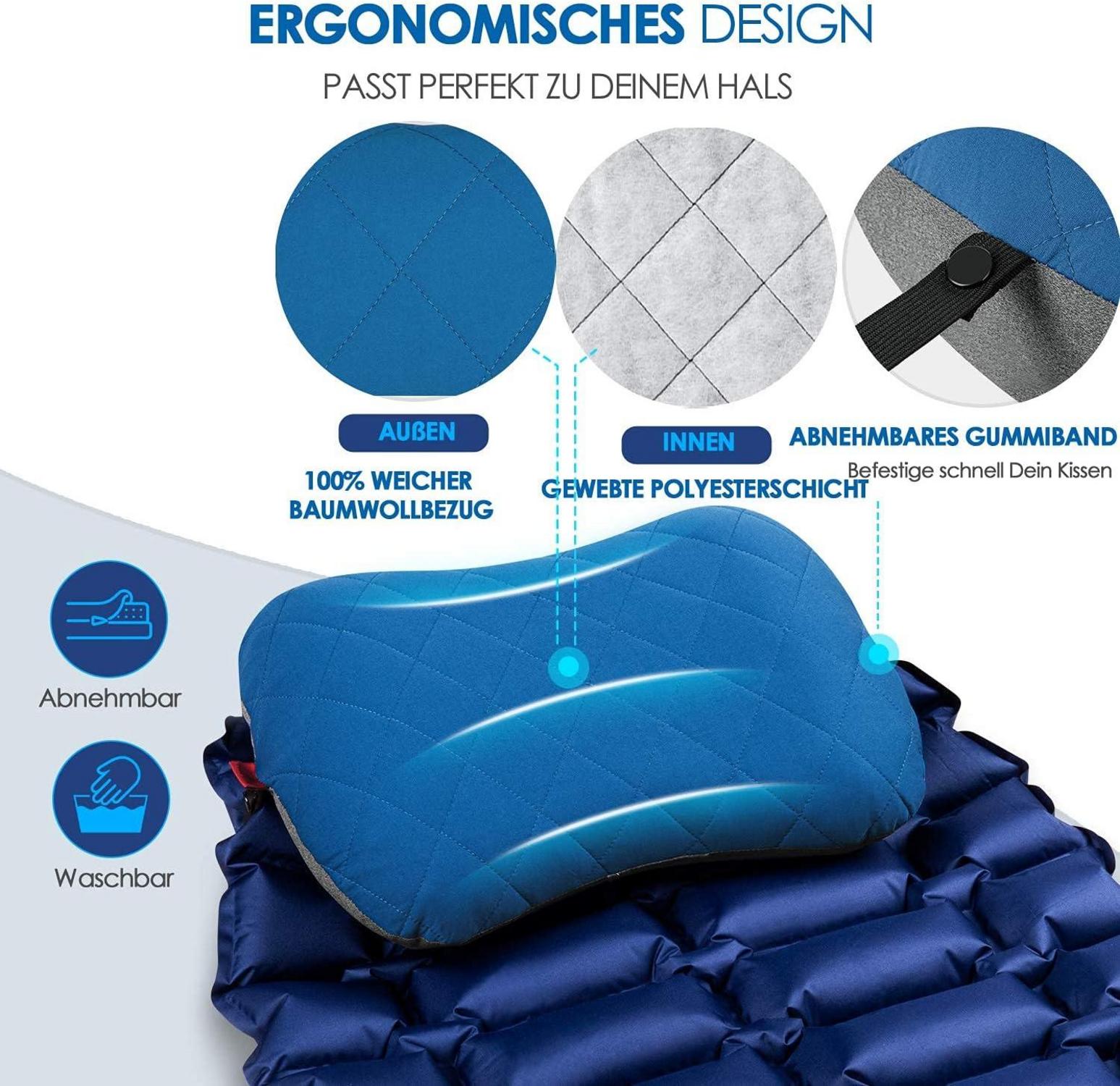 HIKENTURE Aufblasbares Camping Kissen Ergonomisches Nackenkissen Blau