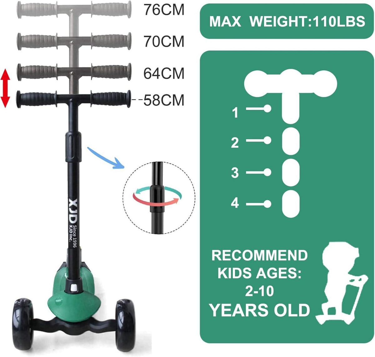 XJD Kinderroller mit LED Rädern für 2-8 Jahre grün