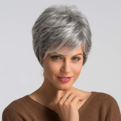 Menschenhaar Pixie Cut Perücke grau mit Pony