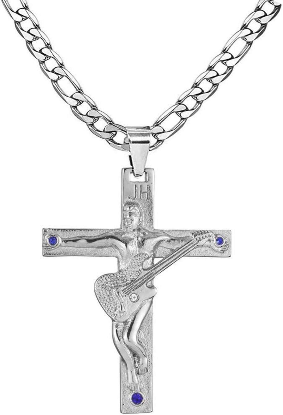 Johnny Hallyday Kreuz Anhänger Halskette Gitarre Rocker Silber