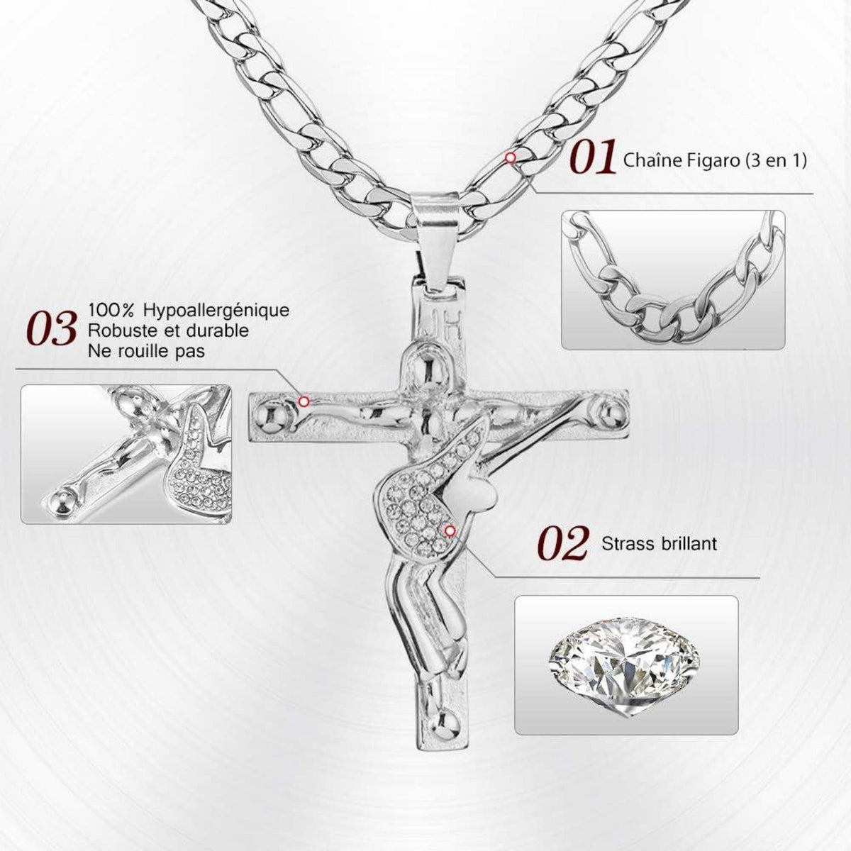 Johnny Hallyday Kreuz Anhänger Halskette Silber Titan