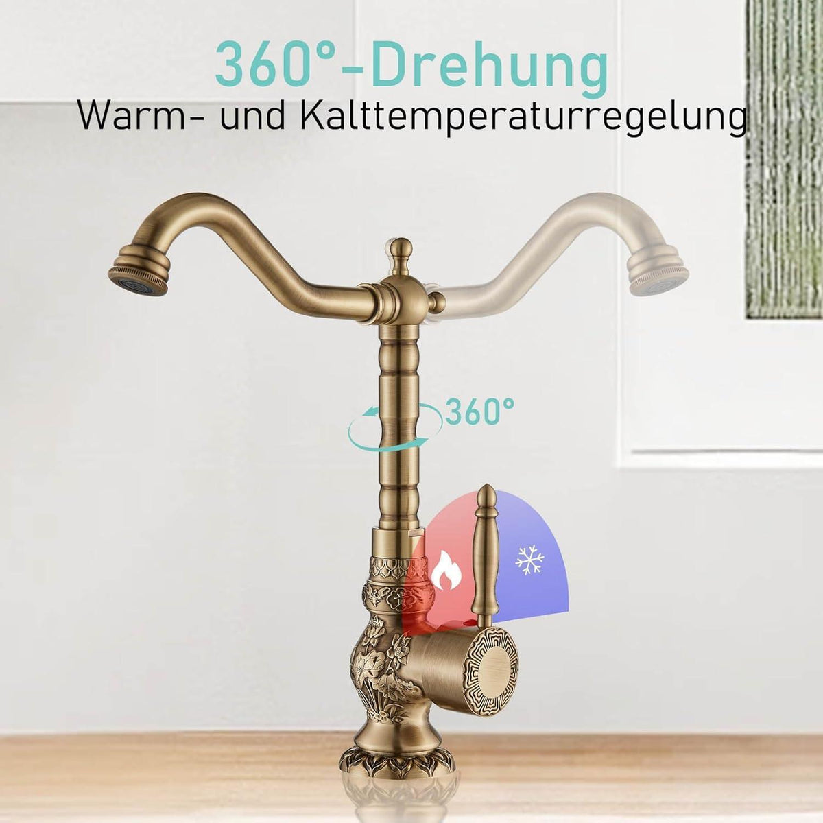 Antiker Messing Waschtischarmatur Einhebelmischer 360° Drehbar