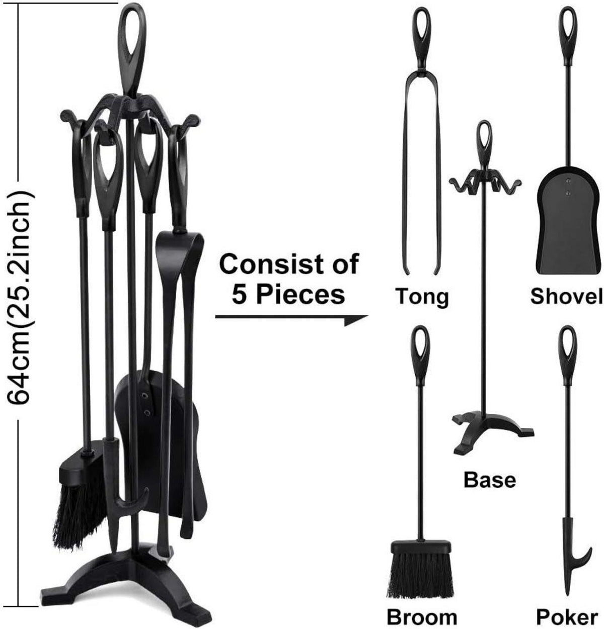 Kaminbesteck Set 5-tlg. Schmiedeeisen Kaminzubehör Holzhalter Schwarz