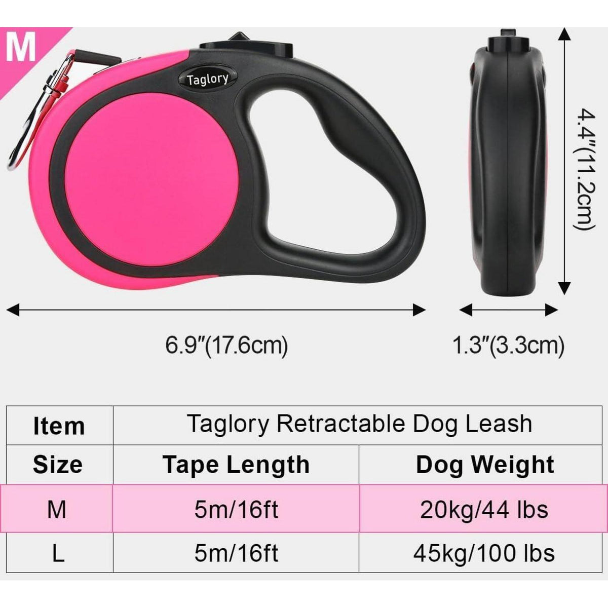 Ausziehbare Hundeleine für kleine/mittelgroße Hunde bis 20kg, 5m, Rosa
