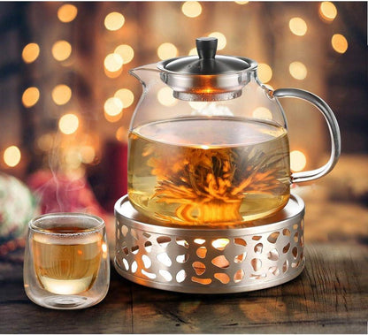 Ecovoe Teekanne 1000mL Glass Stövchen Edelstahl Tea Warmer Silber