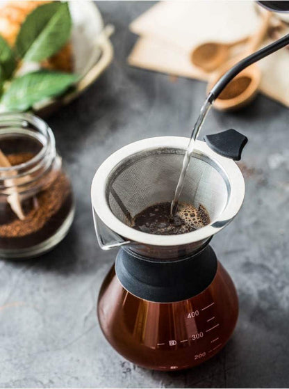 Pour Over Kaffeebereiter Handfilter aus Glas Permanentfilter Schwarz 400ML