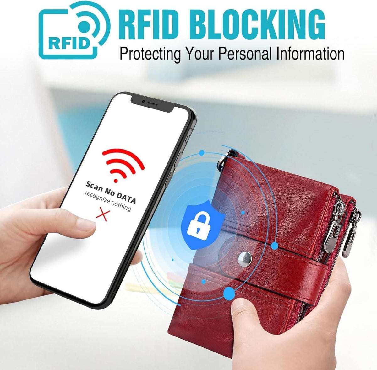 Damen Geldbörse Leder Kette RFID Münzfach Reißverschluss Wallet