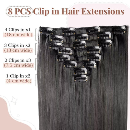 Clip in Haarverlängerung Schwarz 66cm - 8 Tressen, 18 Clips