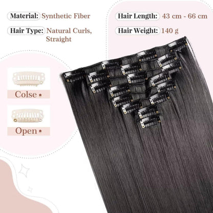 Clip in Haarverlängerung Schwarz 66cm - 8 Tressen, 18 Clips