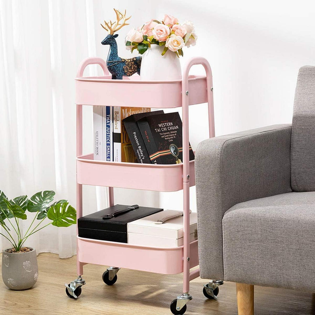 DOEWORKS Rollwagen Metall 3 Etagen Rosa - Küchenwagen 70 cm