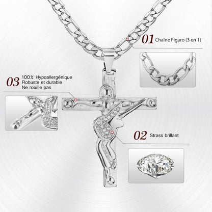 Kreuz Johnny Hallyday Anhänger Halskette Silber Metall Gitarre
